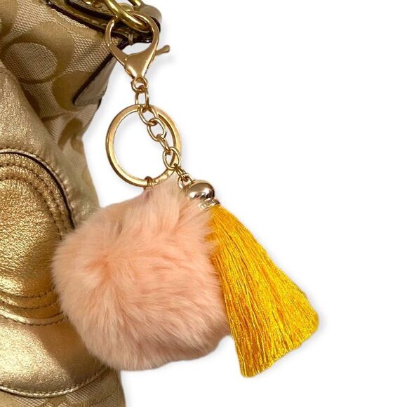 NEW Pink Fur Pom Pom Gold Tassel Key Ring Handbag Accessory - Picture 1 of 3